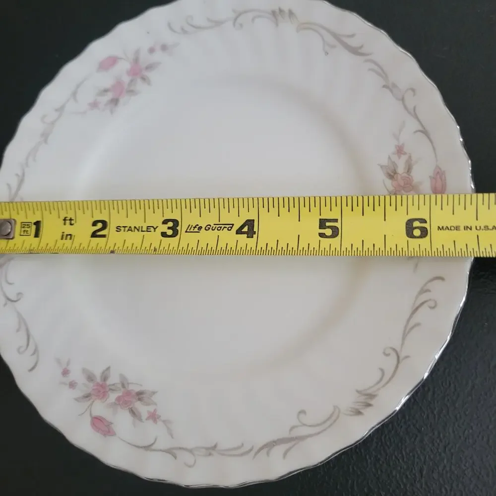 MCM Gold Standard Dessert Plates White Pink Floral‎ Silver Trim Japan Vtg Set 6